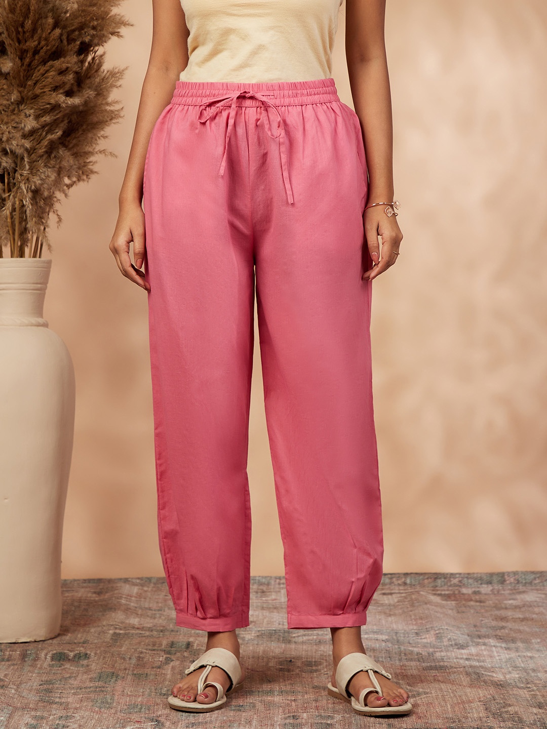 

IMARA Women Pleated Cotton Regular Trousers, Pink