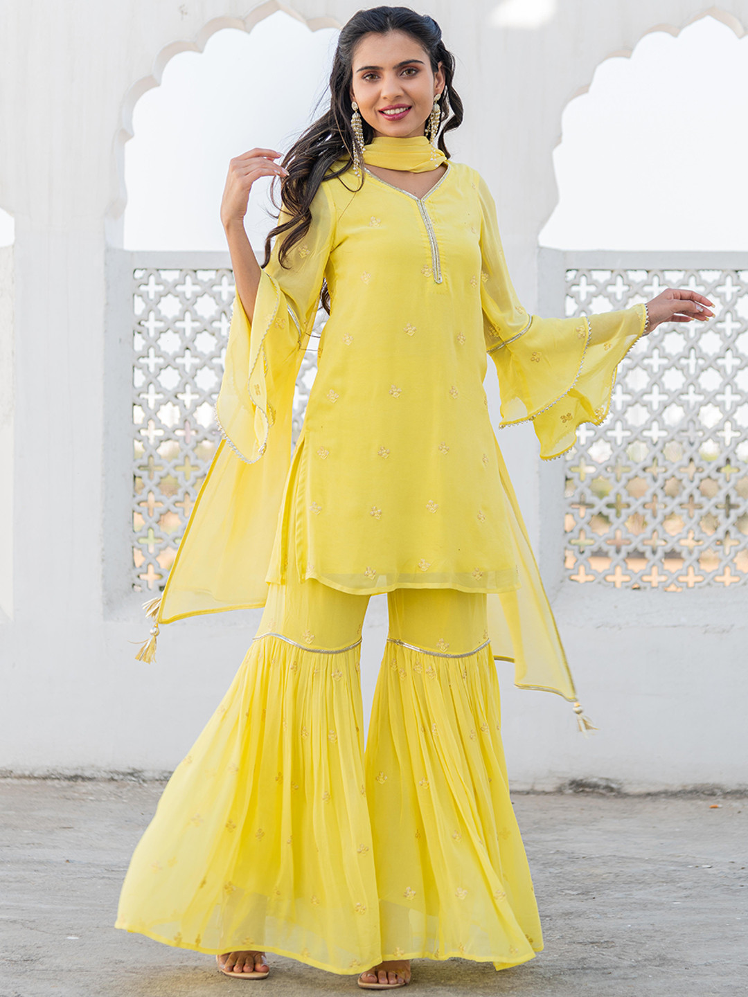

Kohsh Floral Embroidered Gotta Patti Silk Georgette Kurti with Sharara & Dupatta, Yellow