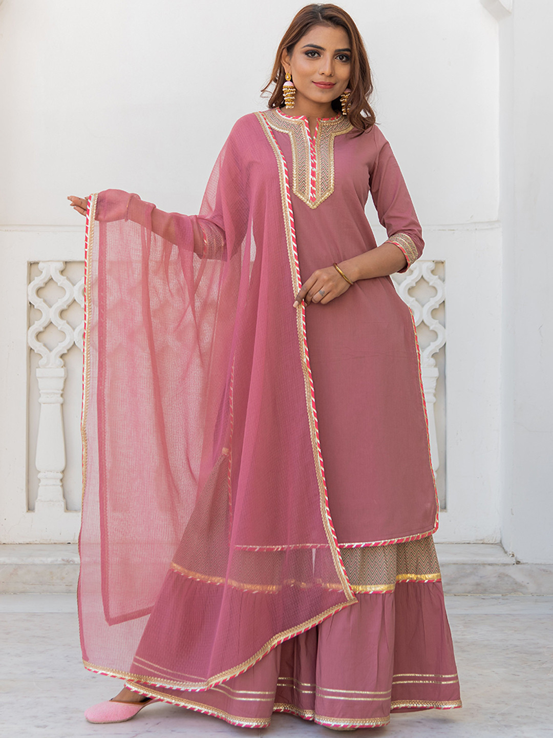 

Kohsh Ethnic Motifs Yoke Design Gotta Patti Pure Cotton Kurta with Sharara & Dupatta, Pink