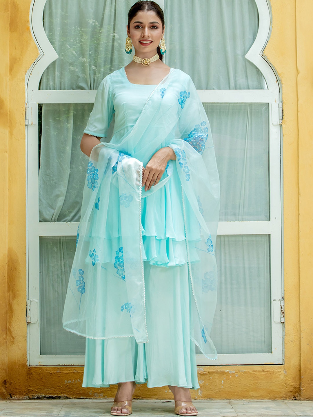 

Kohsh Gotta Patti Anarkali Kurta with Palazzos & Dupatta, Blue