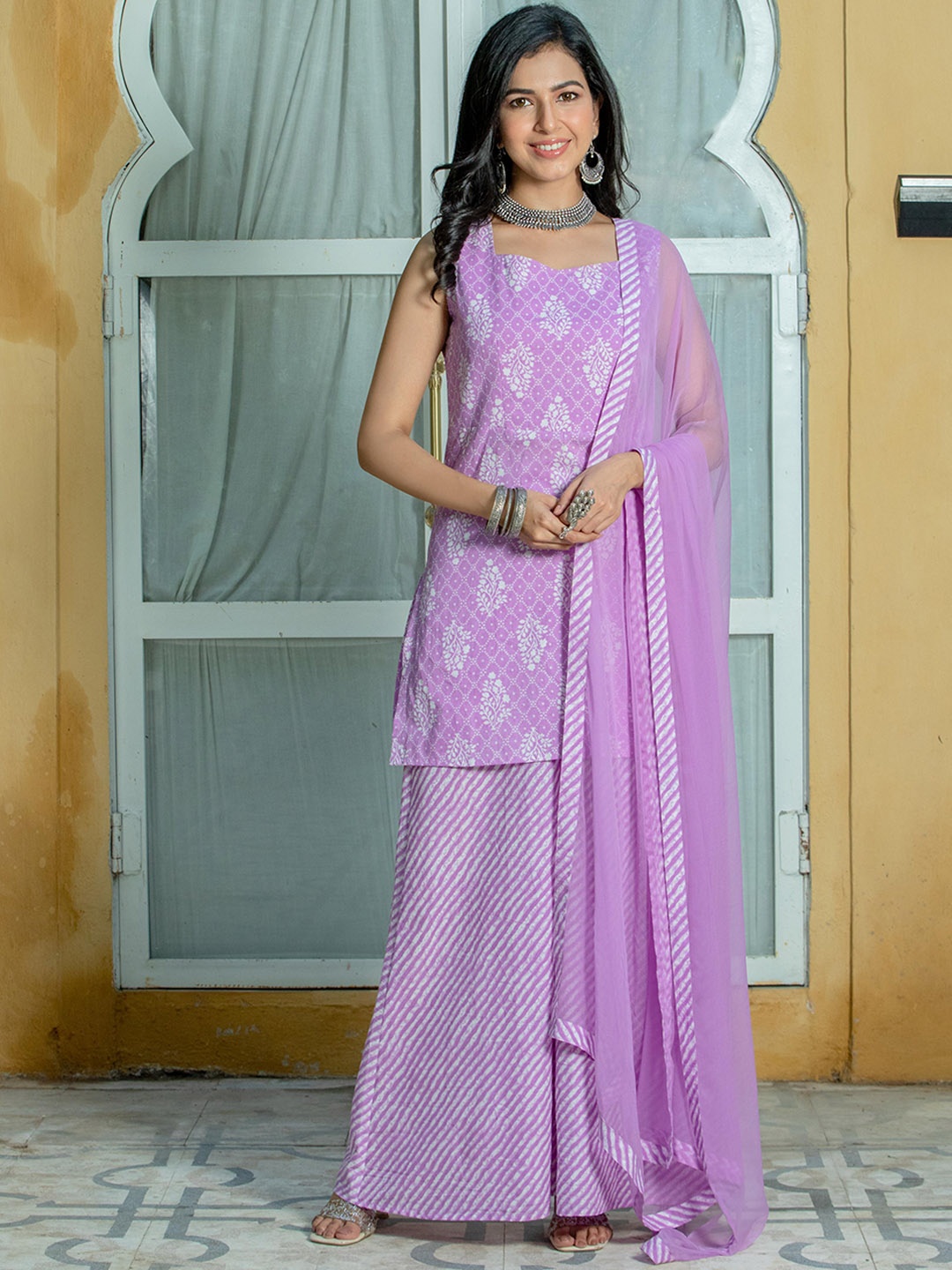 

Kohsh Ethnic Motifs Printed Regular Pure Cotton Kurta with Palazzos & With Dupatta, Purple