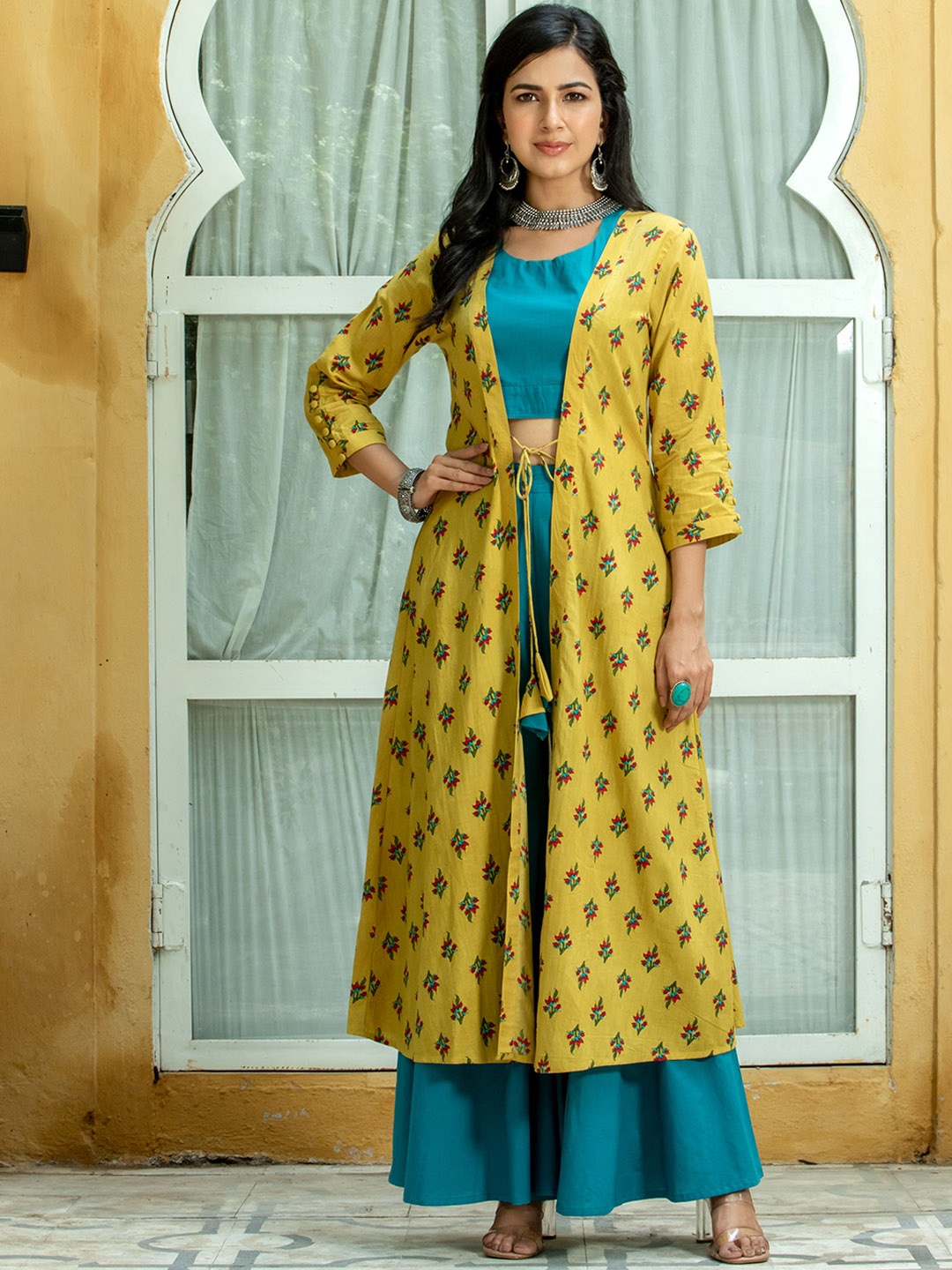 

Kohsh Sleeveless Pure Cotton Top with Palazzos & Jacket, Yellow