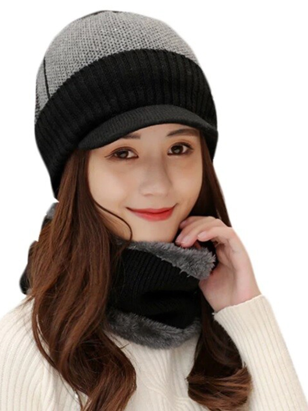 

Alexvyan Women Woolen Beanie Cap & Scarf, Black