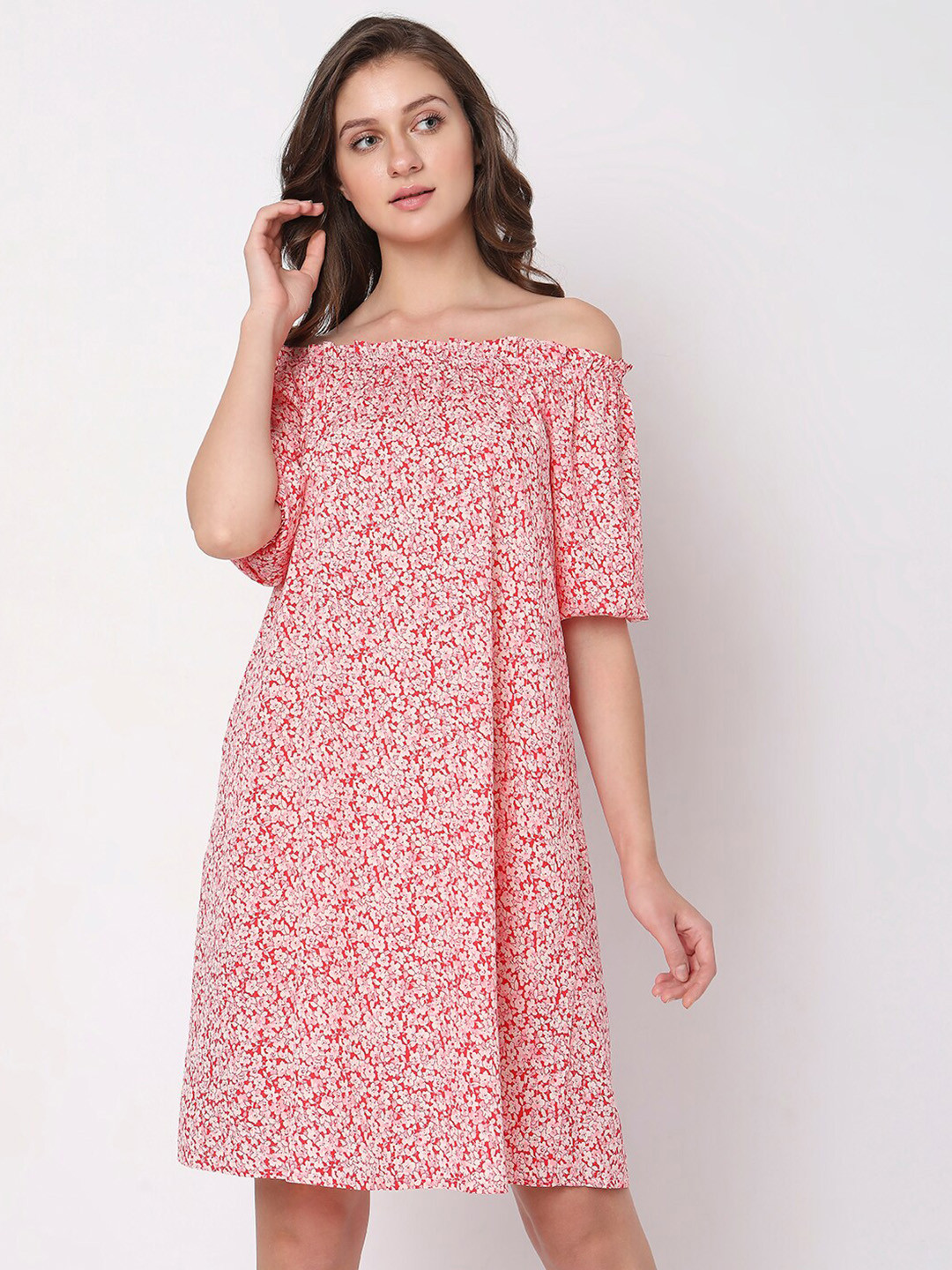 

Vero Moda Floral Printed Off-Shoulder A-Line Dress, Red