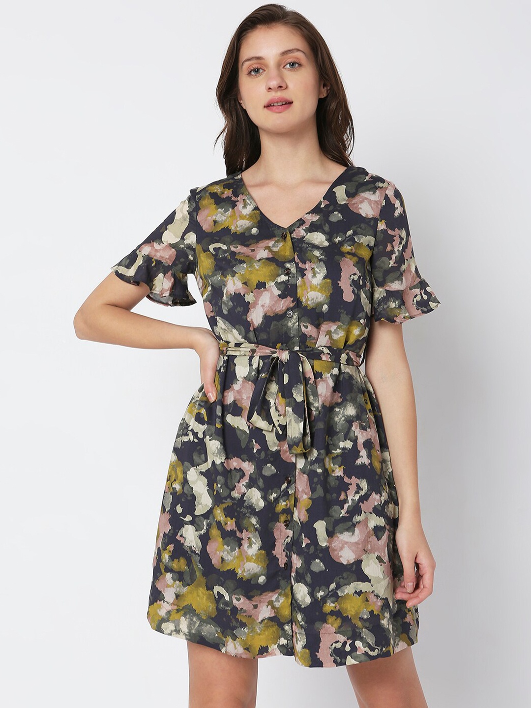 

Vero Moda Abstract Printed V-Neck A-Line Dress, Navy blue