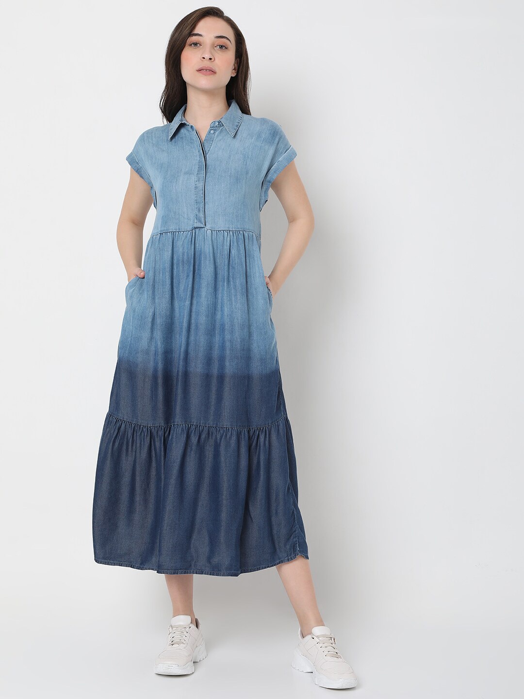 

Vero Moda Shirt Collar Extended Sleeves Tiered Maxi Dress, Blue