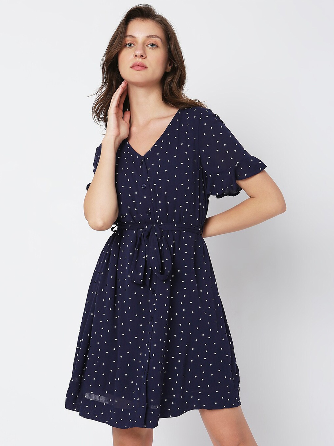 

Vero Moda V-Neck Print A-Line Dress, Navy blue