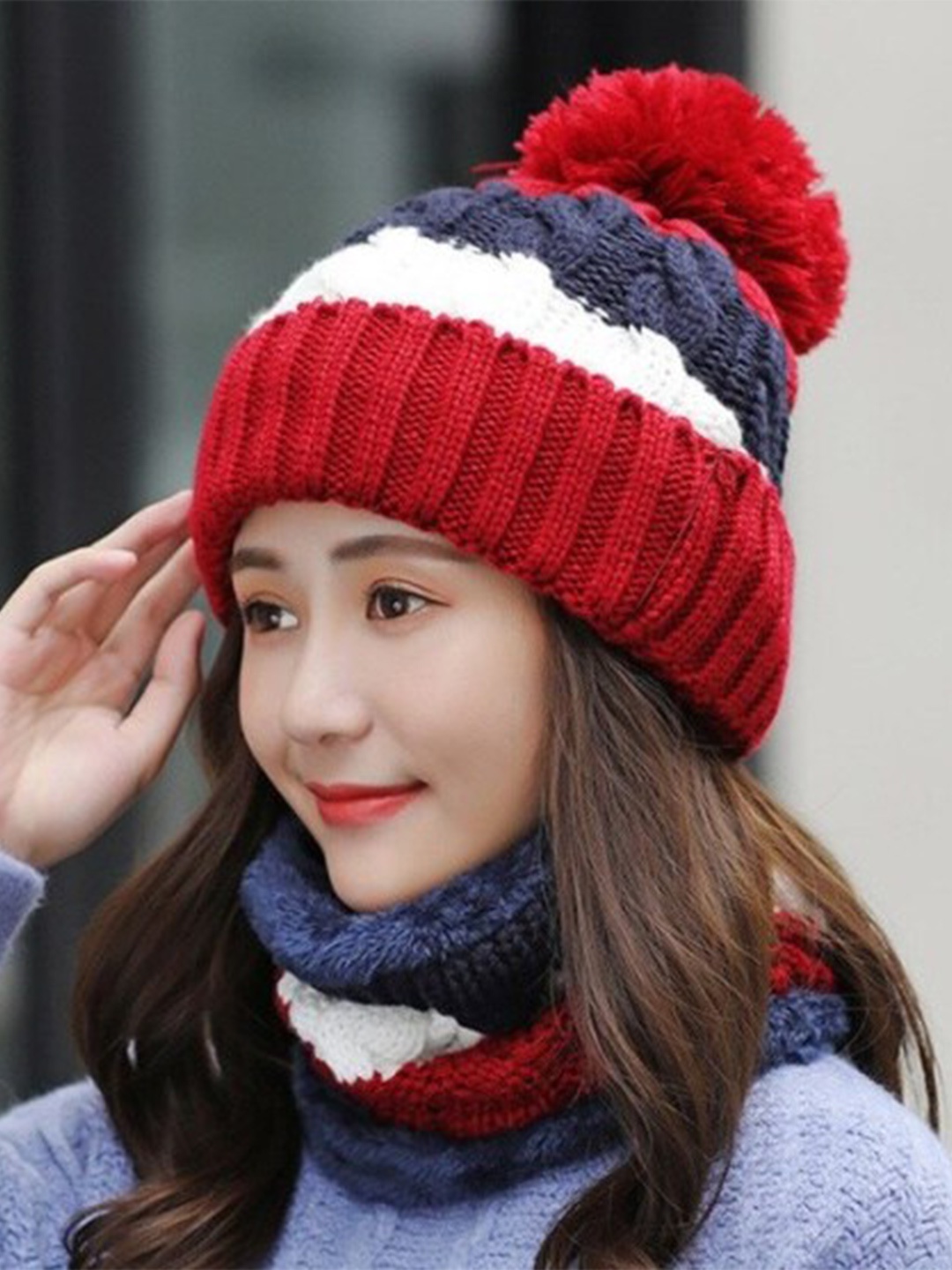 

Alexvyan Women Colourblocked Soft Warm Snow Proof Woollen Beanie, Red