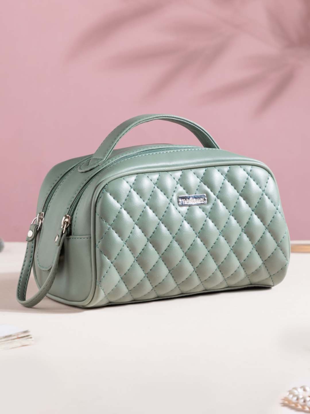

Nestasia Green Quilted Zipper Vegan Leather Travel Pouch