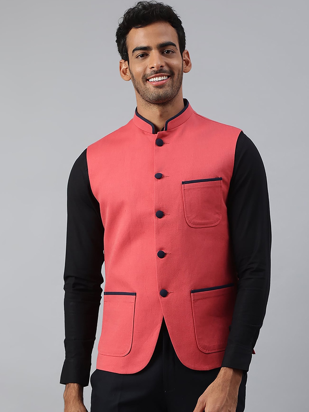 

MR BUTTON Contrast Piping Linen Nehru Jacket, Pink
