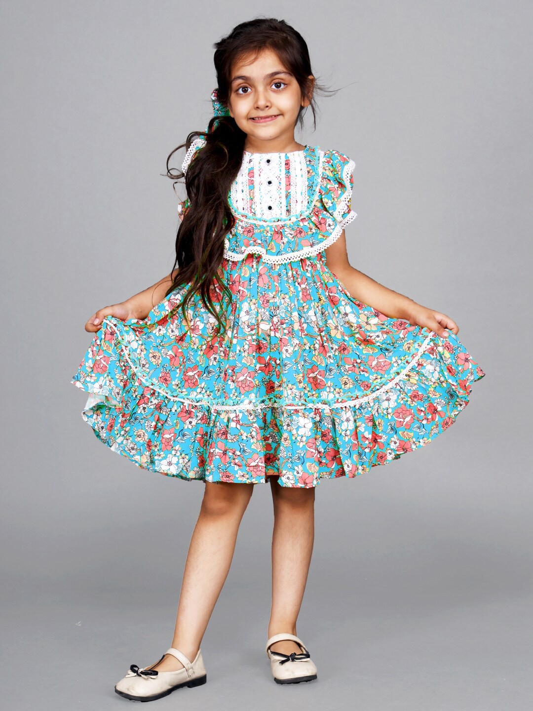 

Beyabella Girls Floral Printed Flutter Sleeve Fit & Flare Dress, Blue