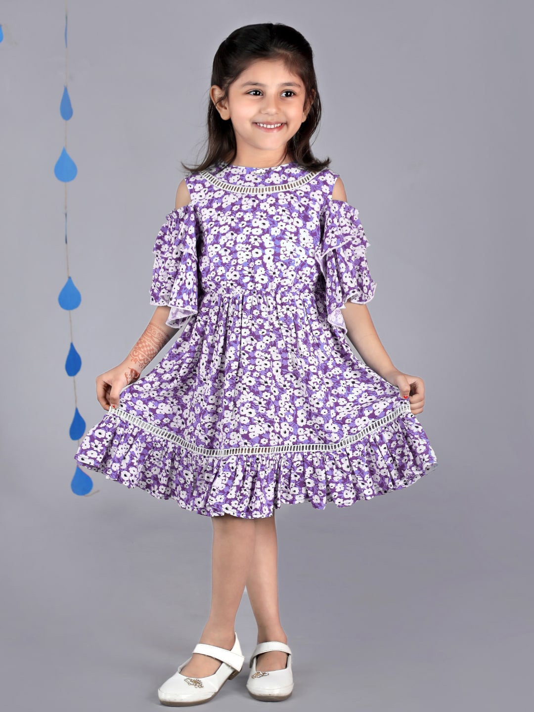 

Beyabella Floral Printed Cold-Shoulder Sleeves Fit & Flare Dress, Purple