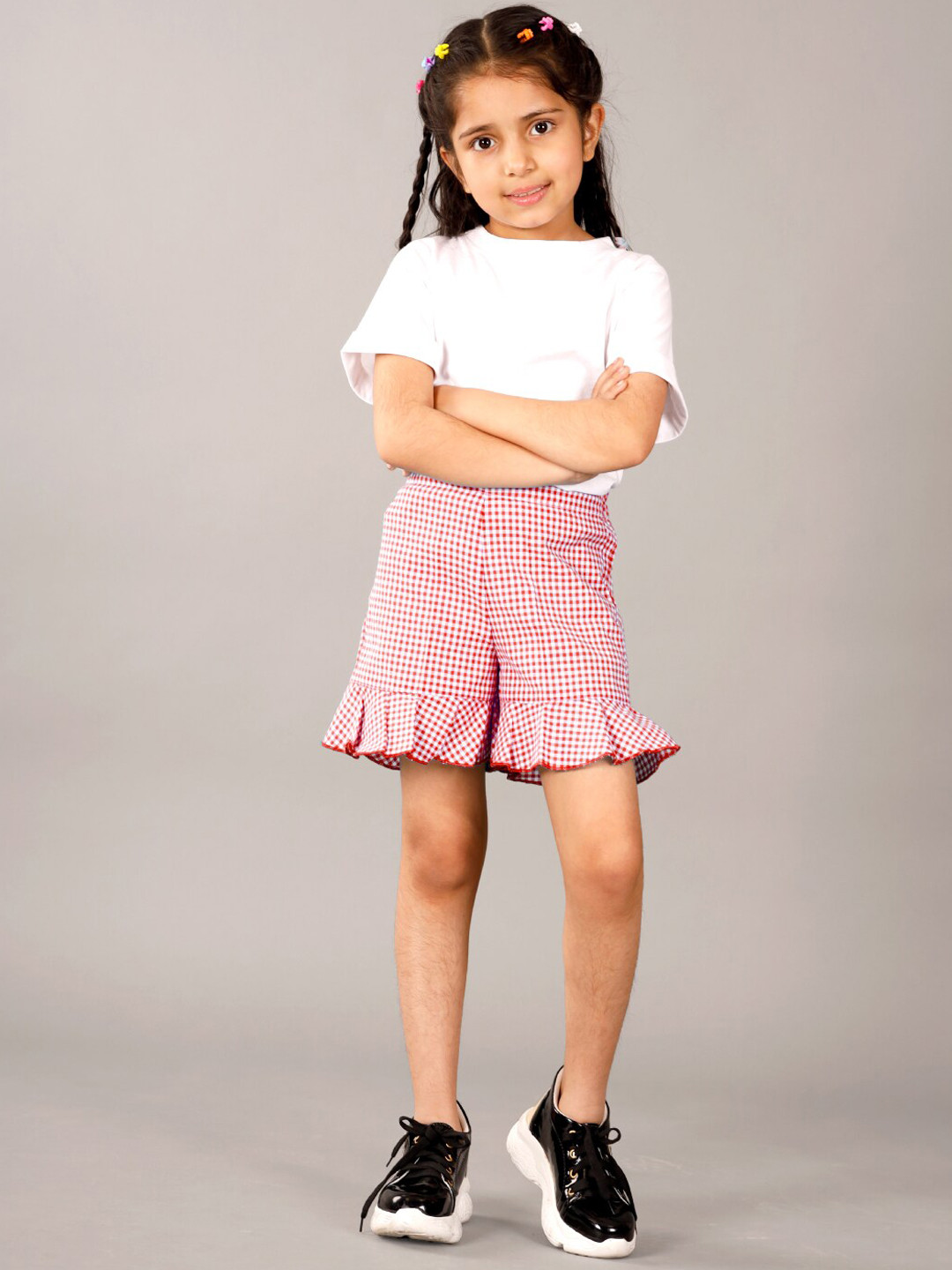 

Beyabella Girls Checked Ruffle Wide Leg Shorts, Red