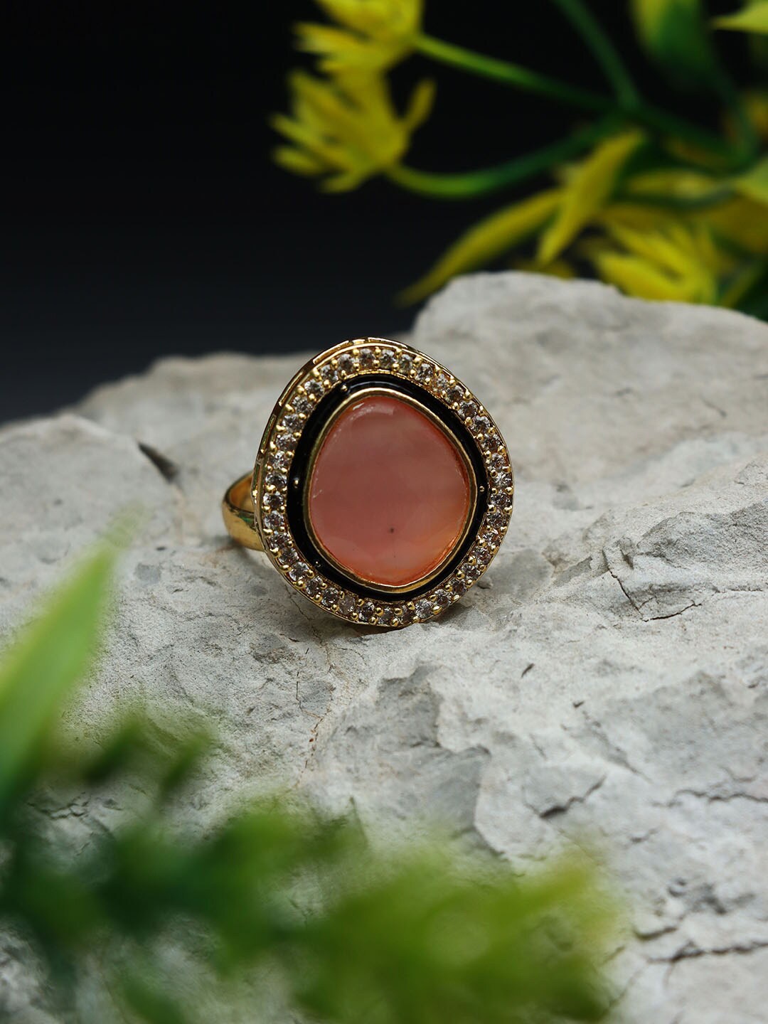 

Ozanoo Gold-Plated CZ Stone Studded Adjustable Finger Ring