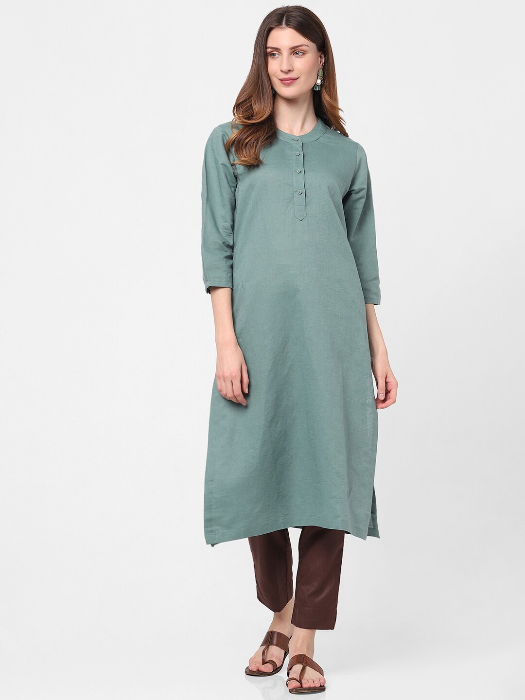 

Indifusion Band Collar Linen Straight Regular Kurta, Green