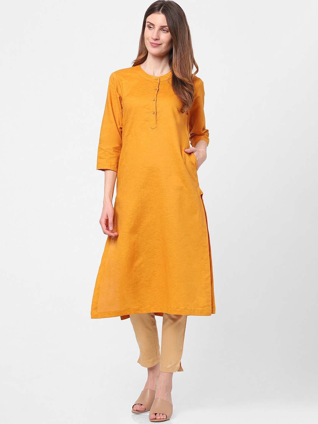 

Indifusion Band Collar Pure Cotton Kurta, Mustard