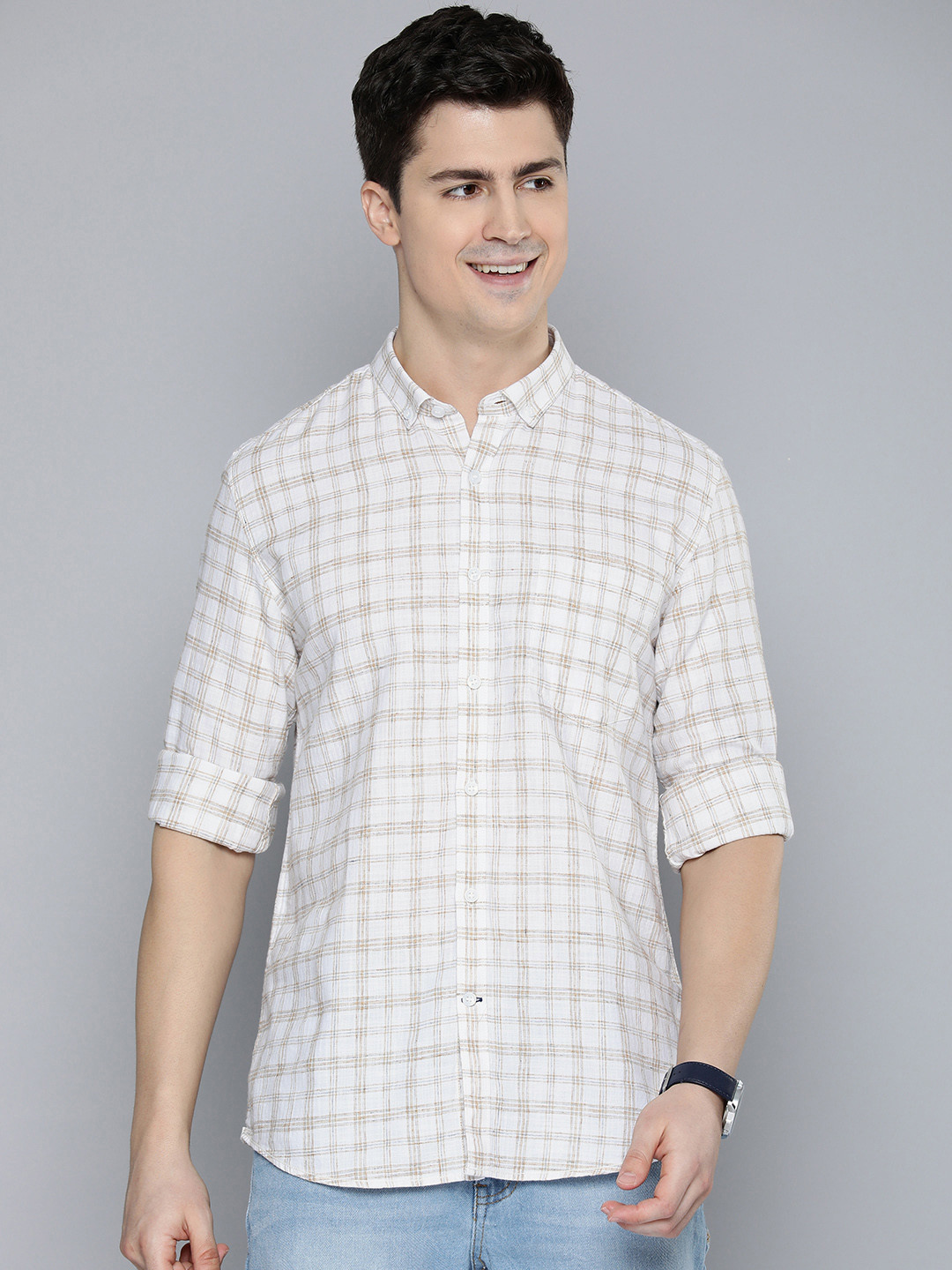 Mast & Harbour Men White Standard Opaque Checked Casual Shirt