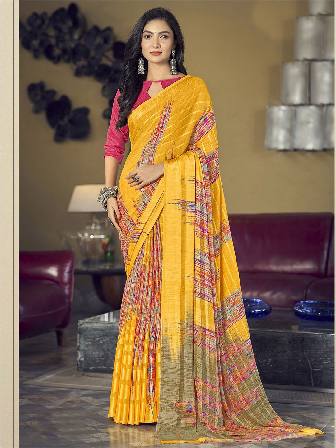 

Mitera Abstract Printed Zari Saree, Yellow