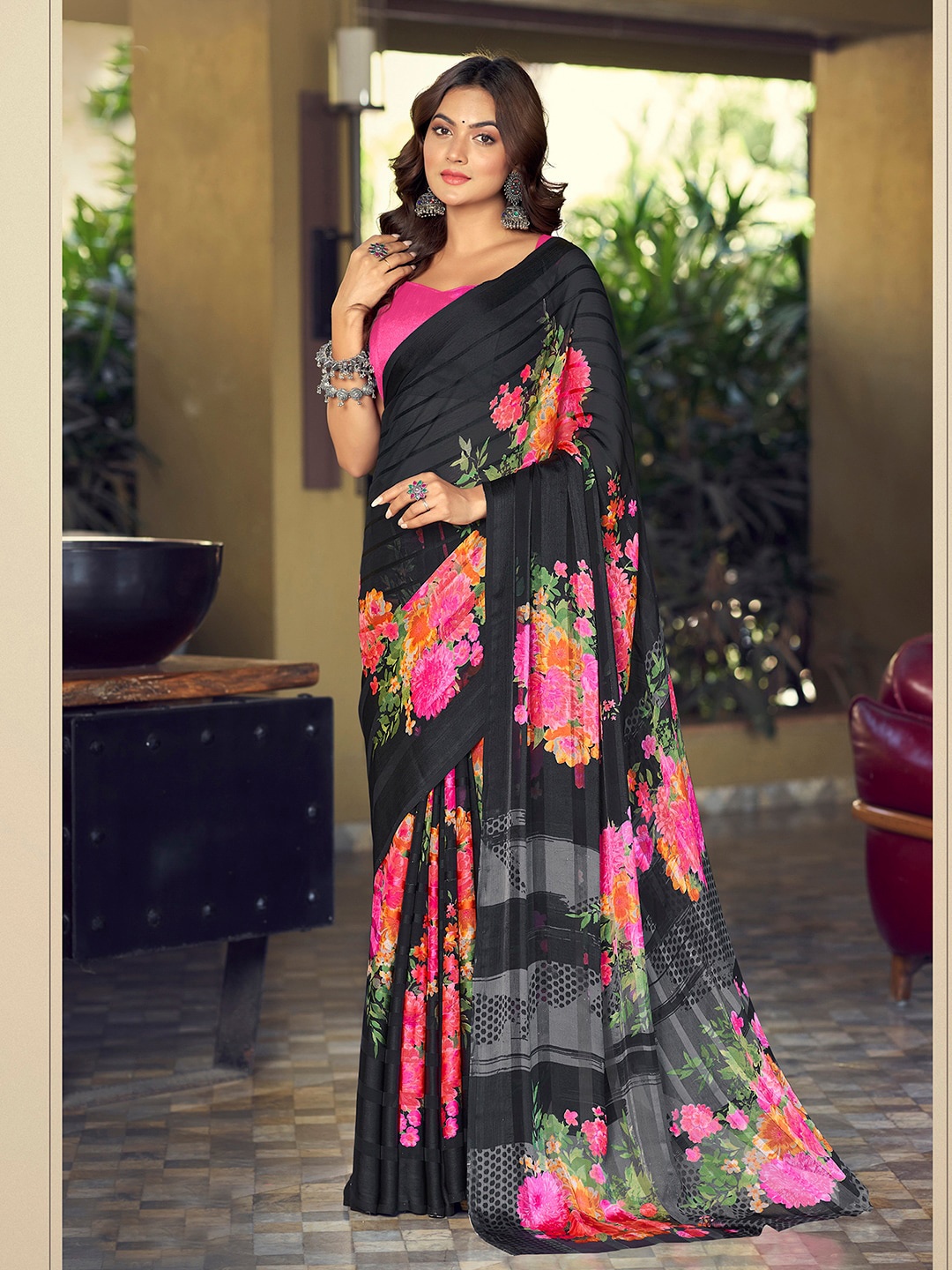 

Mitera Floral Poly Chiffon Saree With Blouse Piece, Black