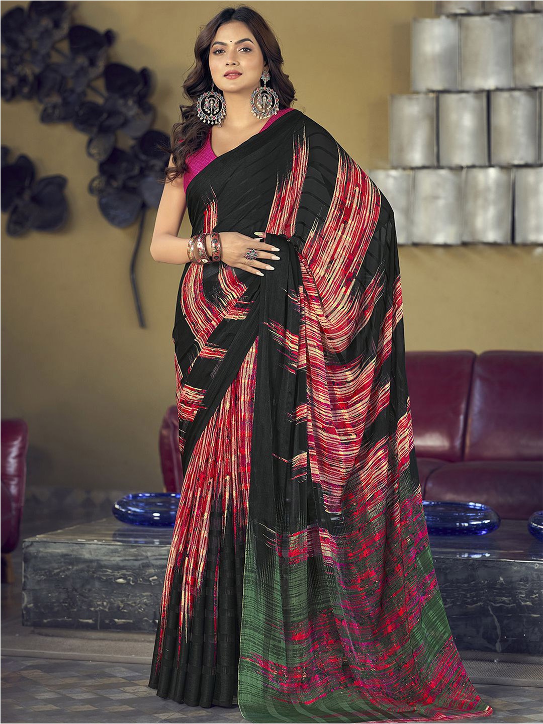 

Mitera Black & Red Printed Poly Chiffon Saree