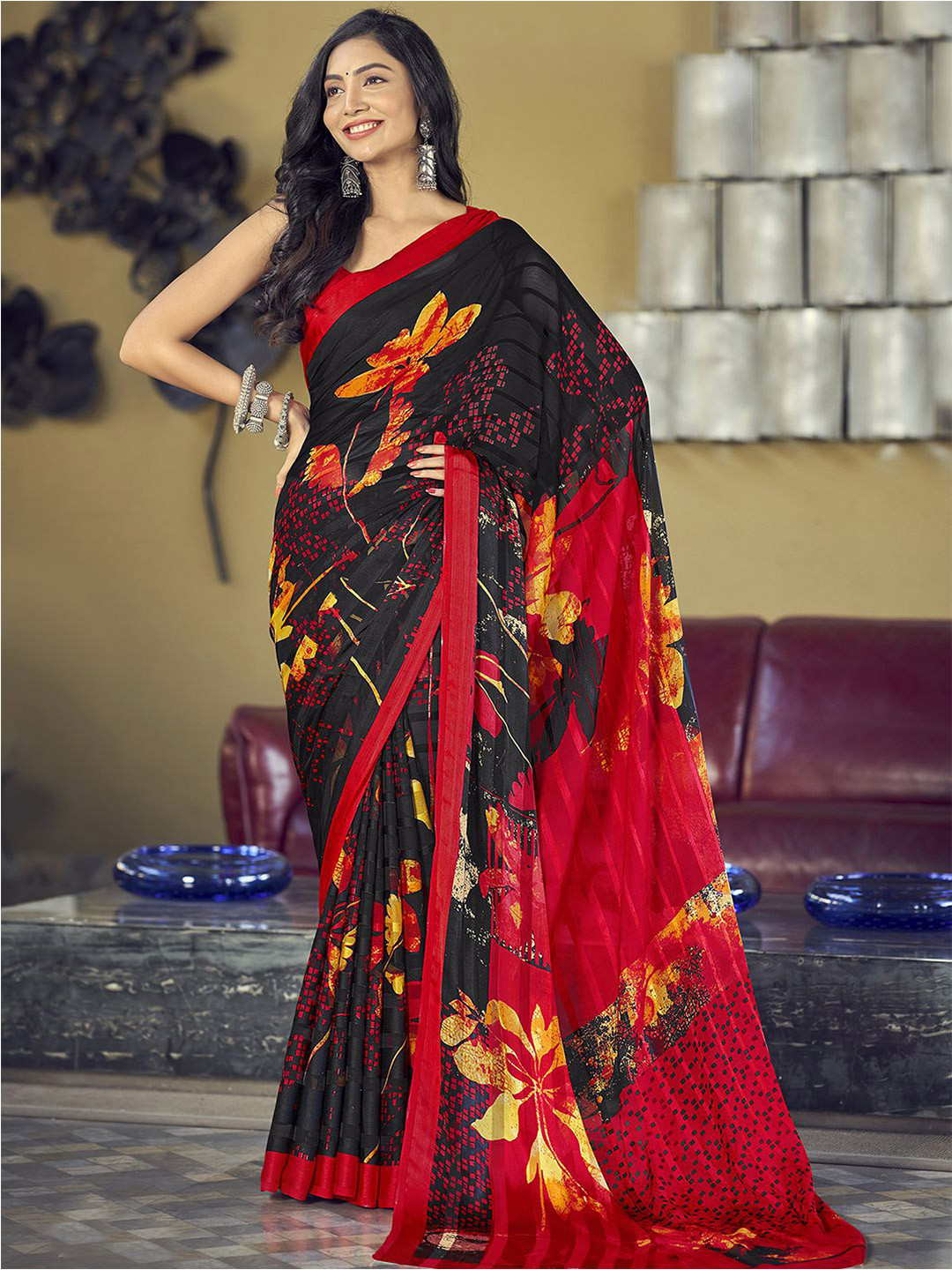 

Mitera Black and Red Floral Poly Chiffon Saree