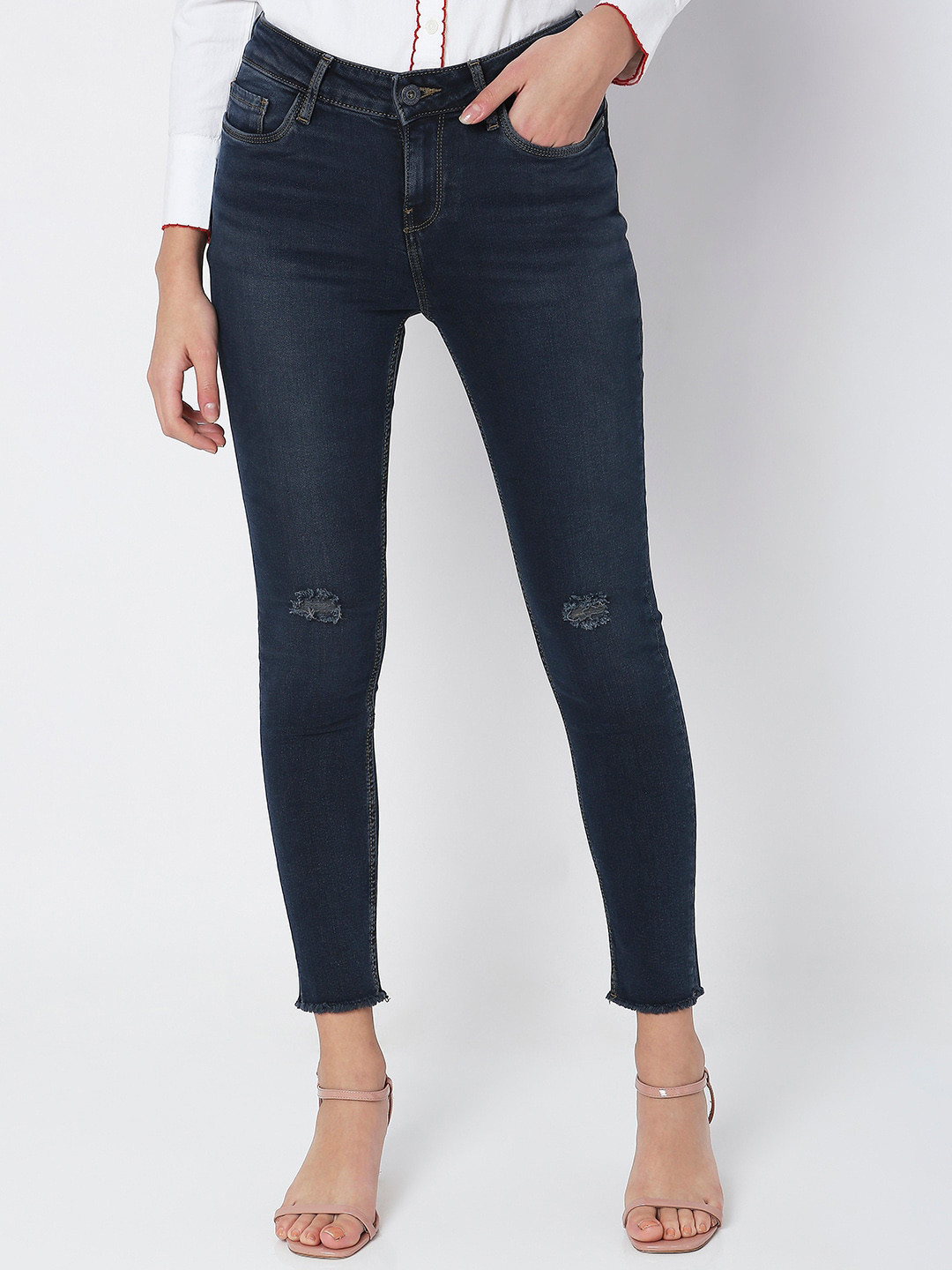 

Vero Moda Women Skinny Fit High-Rise Low Distressed Jeans, Blue