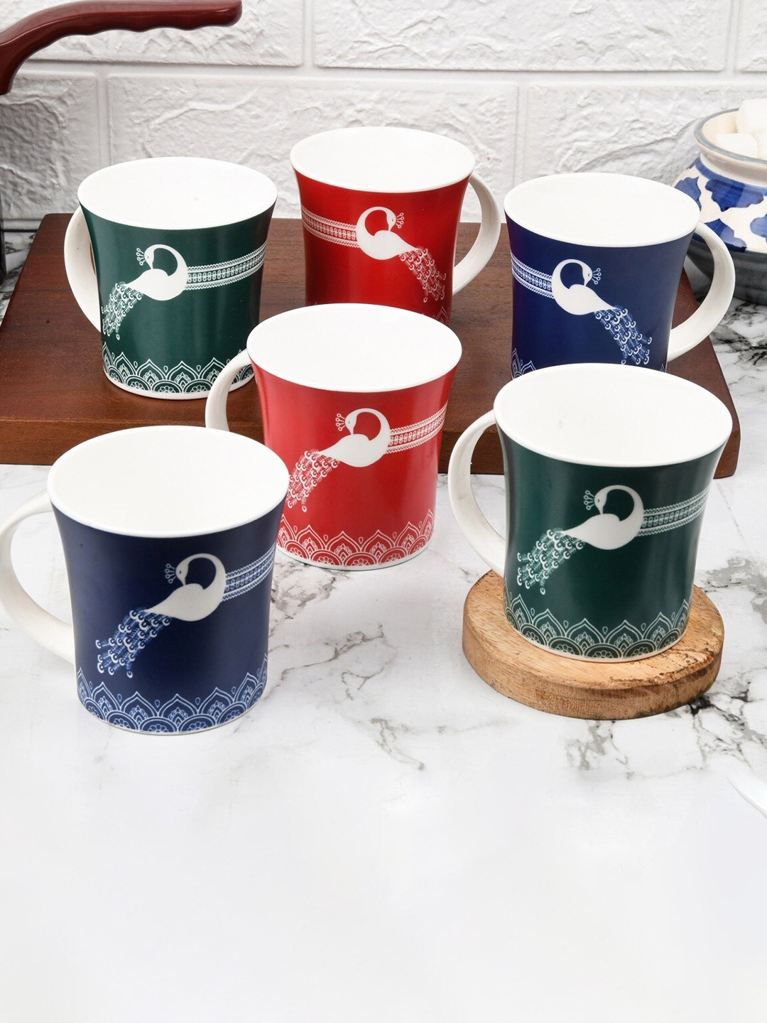 

Femora Green & Red 6 Pieces Royal Peacock Printed Bone China Glossy Tea Cups - 160 ML each