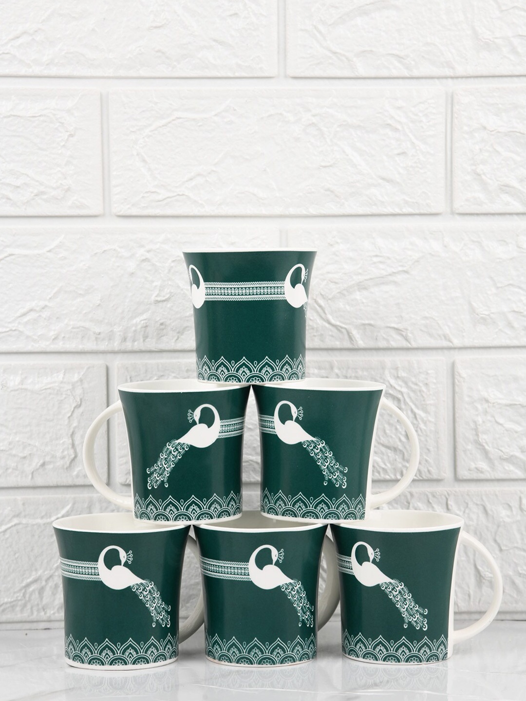 

Femora Green & White 6 Pcs Royal Peacock Printed Bone China Glossy Tea Cups - 160 ML each