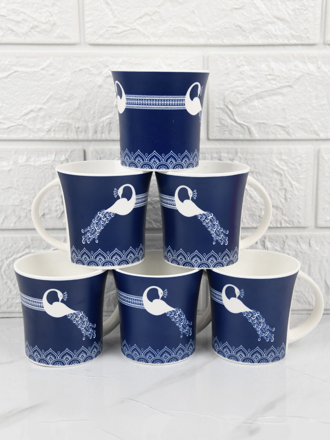 

Femora Blue & White 6 Pcs Royal Peacock Printed Bone China Glossy Tea Cups - 160 ML each