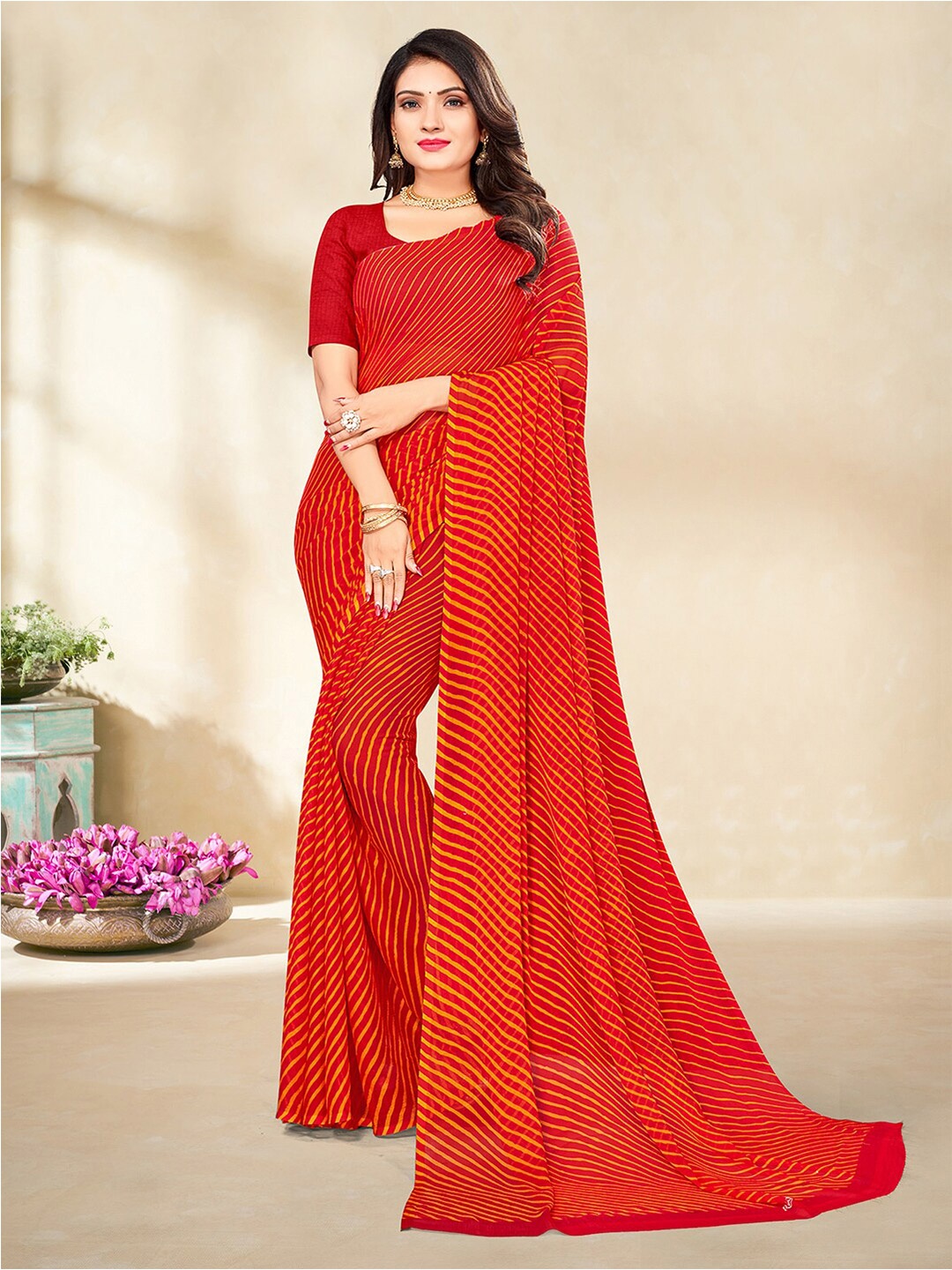 

Satrani Red & Yellow Leheriya Printed Saree