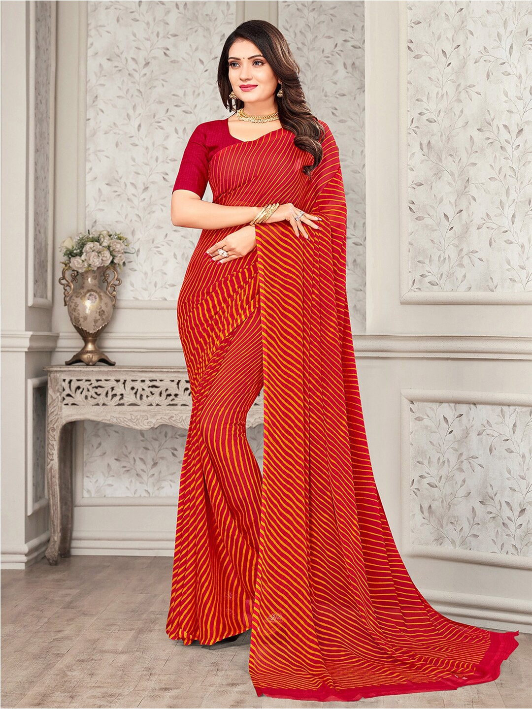 

Satrani Red & Yellow Leheriya Printed Saree