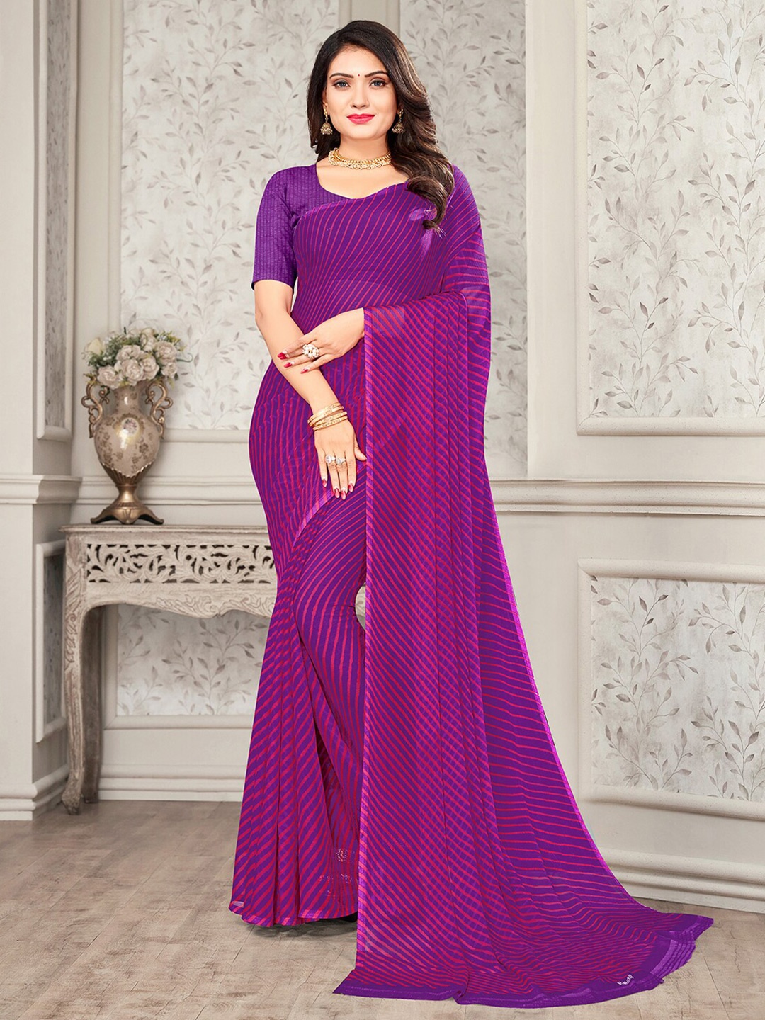 

Satrani Purple & Red Leheriya Poly Chiffon Saree