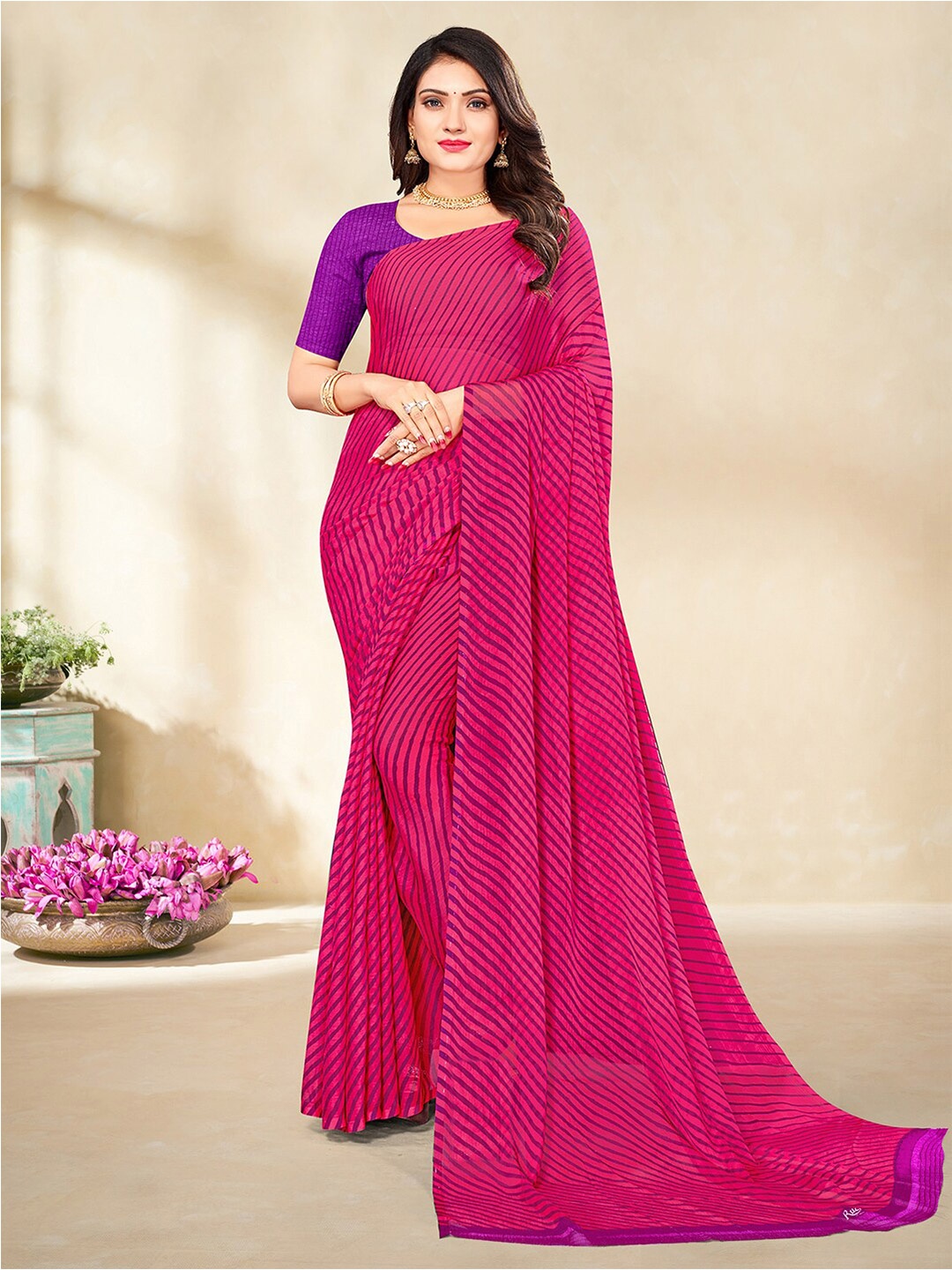 

Satrani Poly Chiffon Leheriya Saree With Blouse Piece, Pink