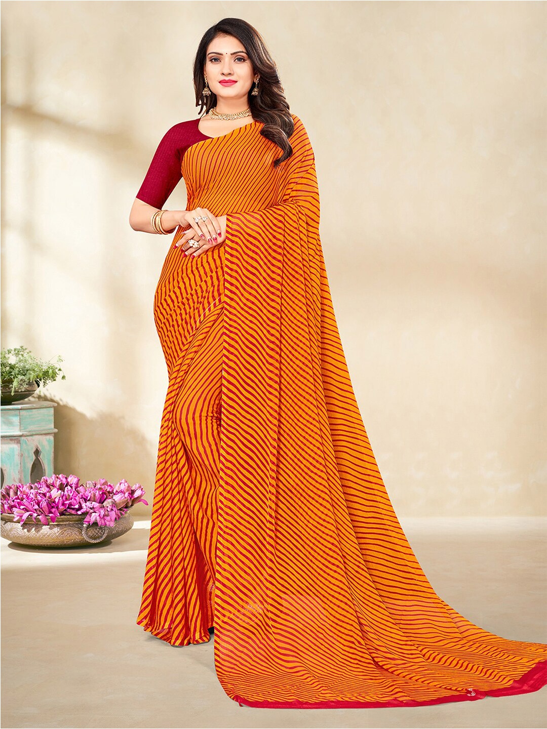 

Satrani Poly Chiffon Leheriya Saree With Blouse Piece, Orange