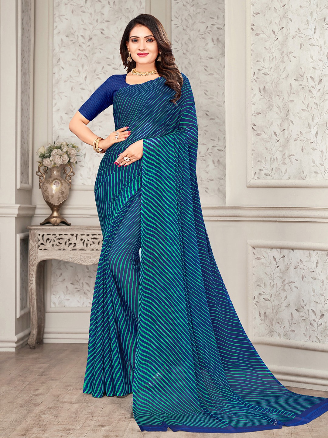 

Satrani Leheriya Printed Poly Chiffon Saree, Blue