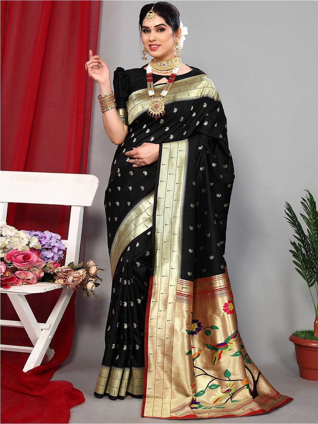 

Satrani Black & Gold Toned Paisley Woven Design Zari Paithani Saree
