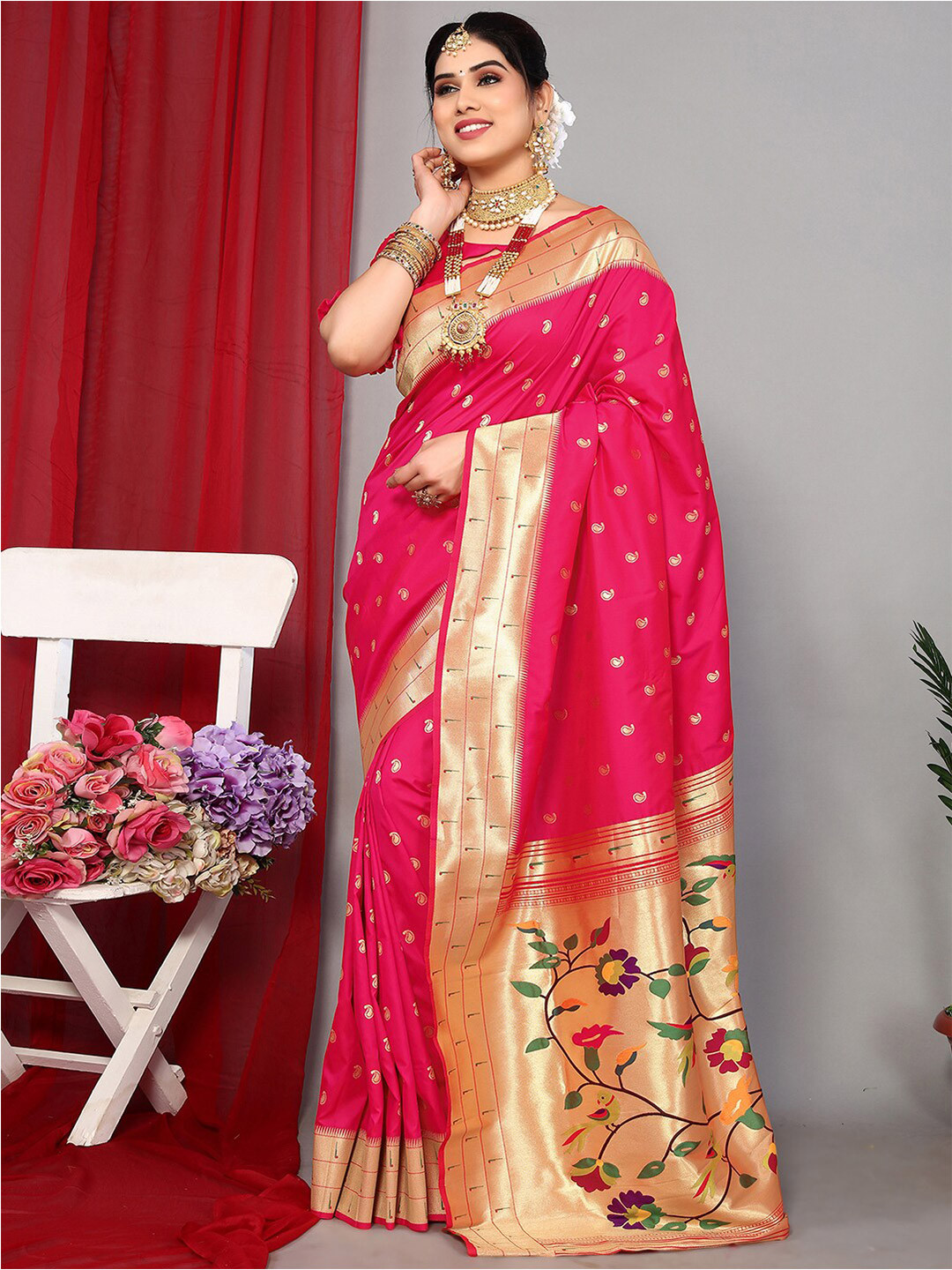 

Satrani Pink & Gold-Toned Paisley Woven Design Zari Paithani Saree