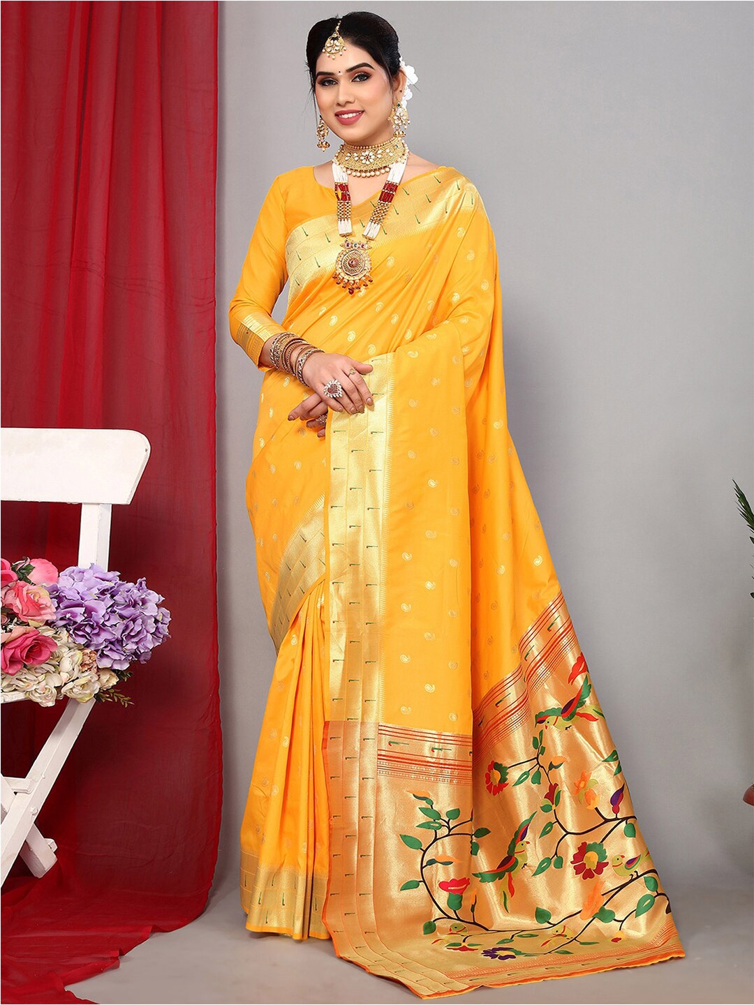 

Satrani Yellow & Green Paisley Woven Design Zari Paithani Saree