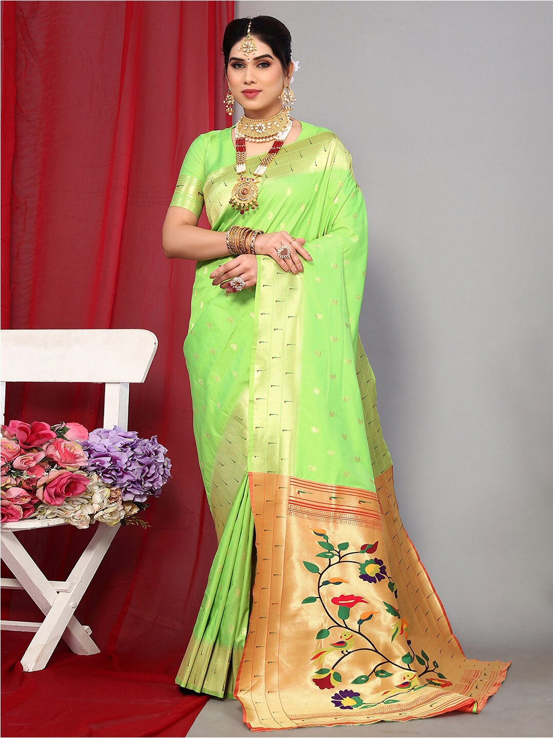 

Satrani Woven Design Paithani Saree, Green