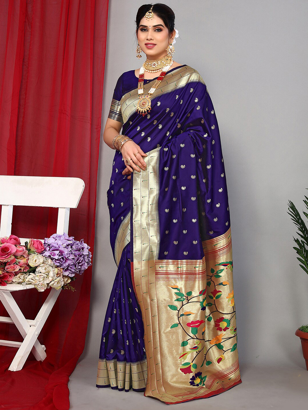 

Satrani Blue & Gold-Toned Paisley Woven Design Zari Paithani Saree