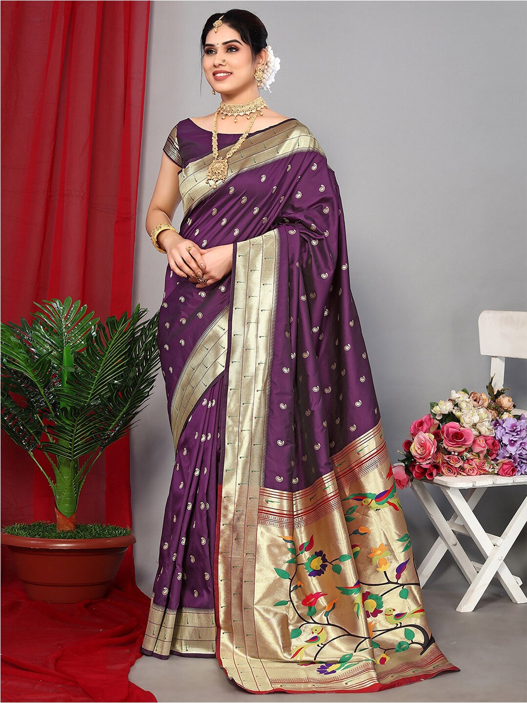 

Satrani Purple & green Paisley Woven Design Zari Paithani Saree