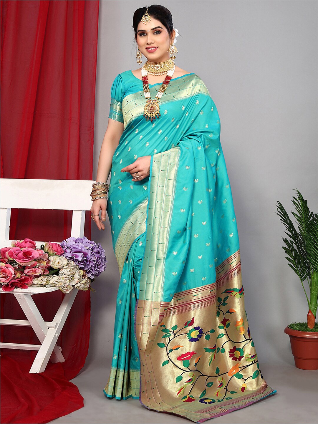 

Satrani Turquoise Blue & Green Paisley Woven Design Zari Paithani Saree