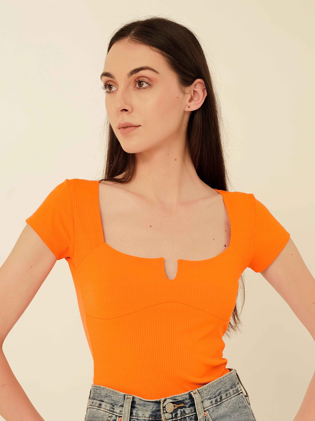 

MYWISHBAG Square Neck Fitted Top, Orange
