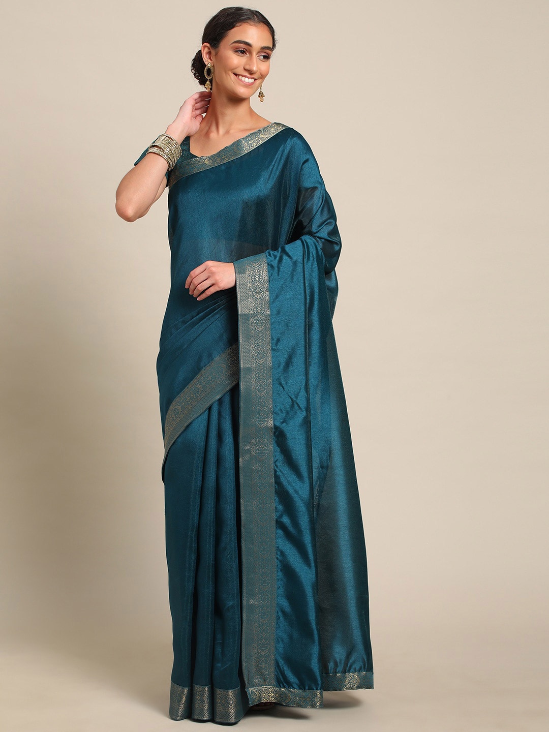 

all about you Navy Blue & Gold Toned Woven Design Zari Pure Silk Saree