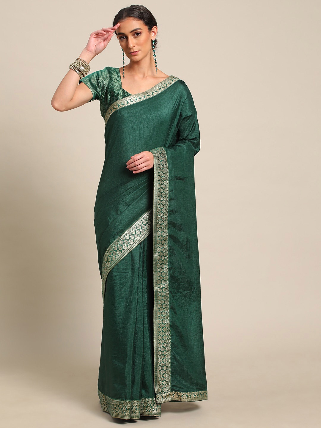 

all about you Green & Gold-Toned Zari Pure Silk Saree