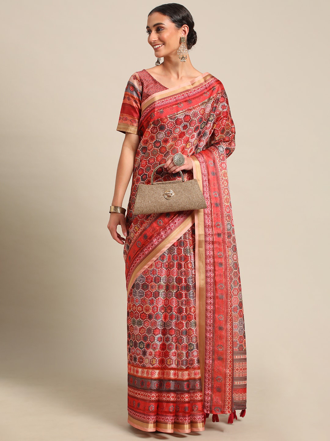 

all about you Red & Grey Ethnic Motifs Printed Georgette Saree