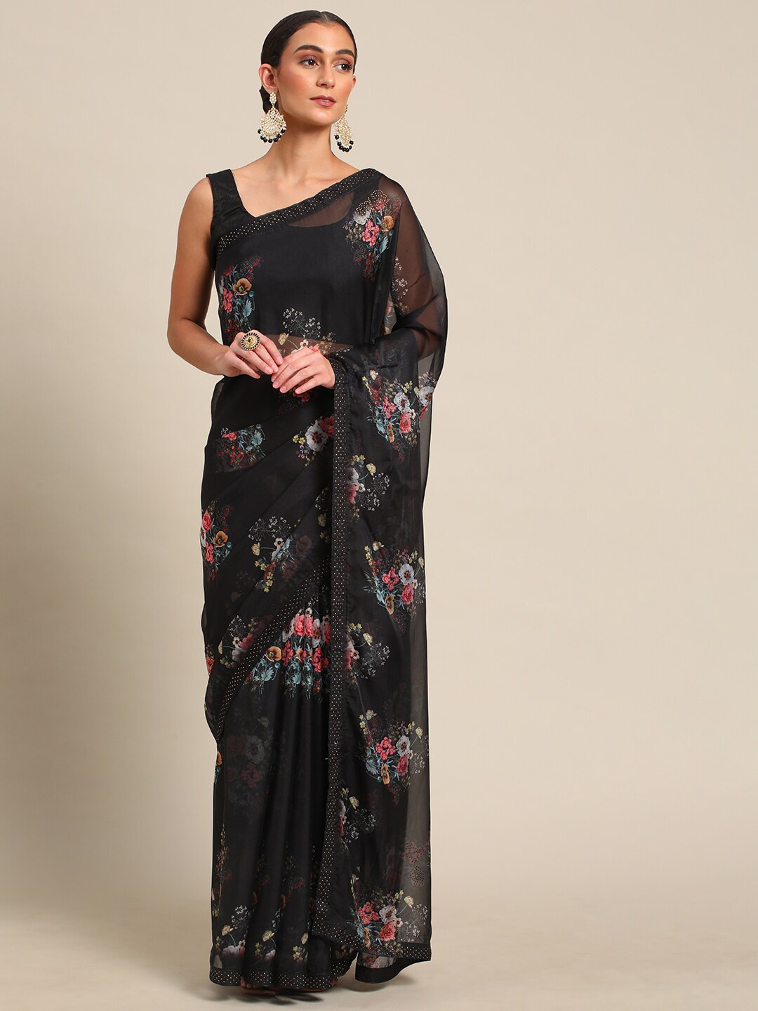 

all about you Floral Printed Pure Georgette Saree, Black