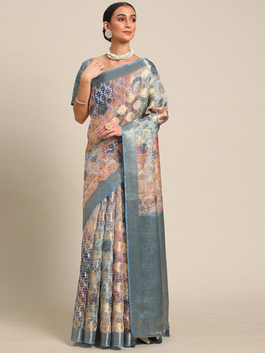 

all about you Floral Woven Design Zari Pure Georgette Saree, Blue