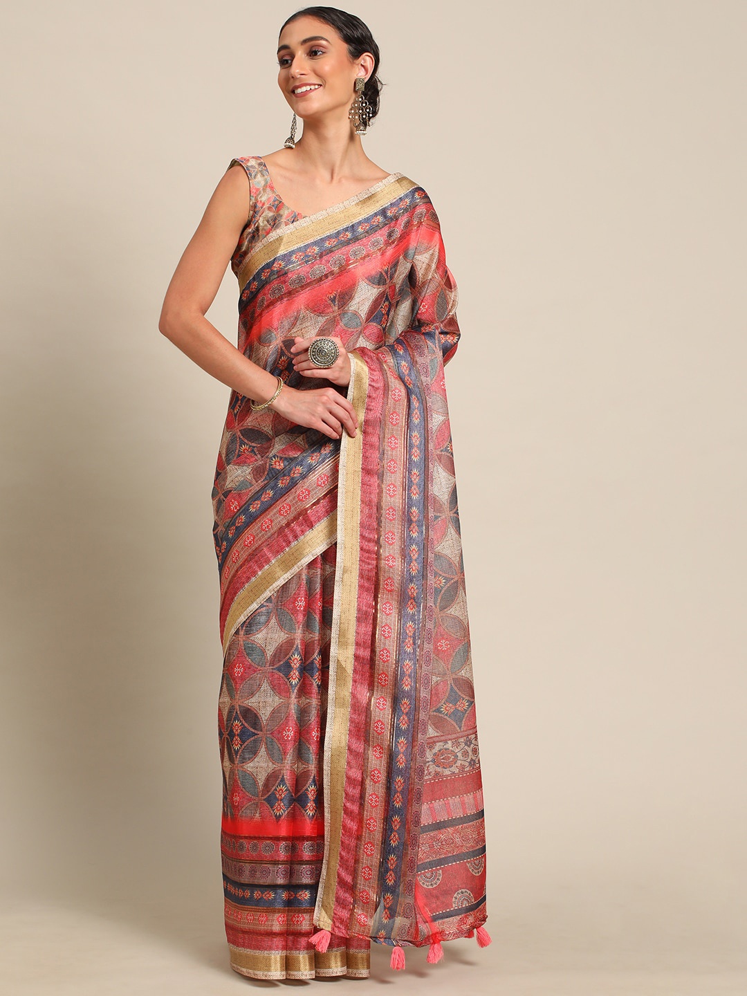 

all about you Pink & Grey Ethnic Motifs Printed Pure Georgette Saree