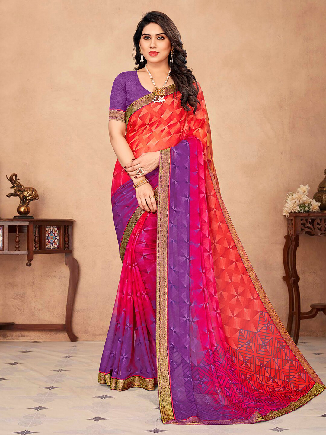 

Mitera Geometric Poly Chiffon Zari Saree With Blouse Piece, Pink